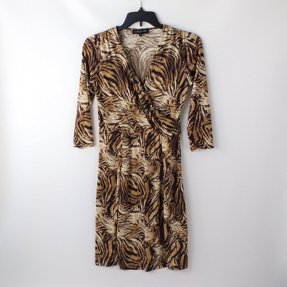 Jones New York Dress Brown 3/4 Sleeve Tiger Print Size M